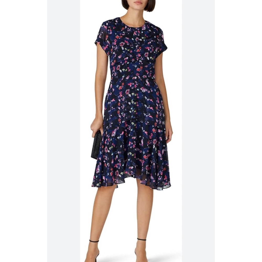 Jason Wu Collective Abstract Floral Ruched Tieredโ Midi Dress Navy Blue Size 4